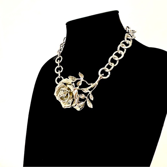 BOLD ROSE | Dramatic Sculpted Silver Rose Choker Necklace | NWOT - Picture 5 of 12